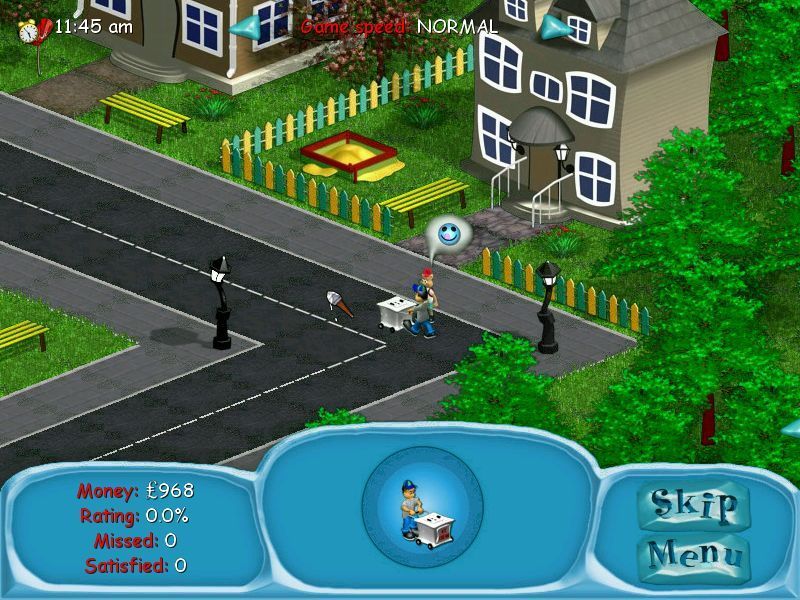 Ice Cream Tycoon (Windows) screenshot: An in-game shot. The character walks around a preset route and kids come out to buy ice cream. If they are happy there's a smiley blue face and the number of satisfied customers increases