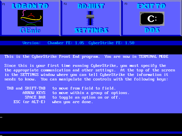 CyberStrike (DOS) screenshot: Begin terminal mode