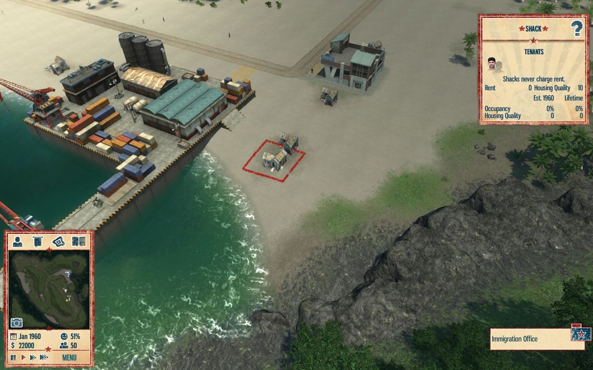 Tropico 4 (Windows) screenshot: Shacks near the dock