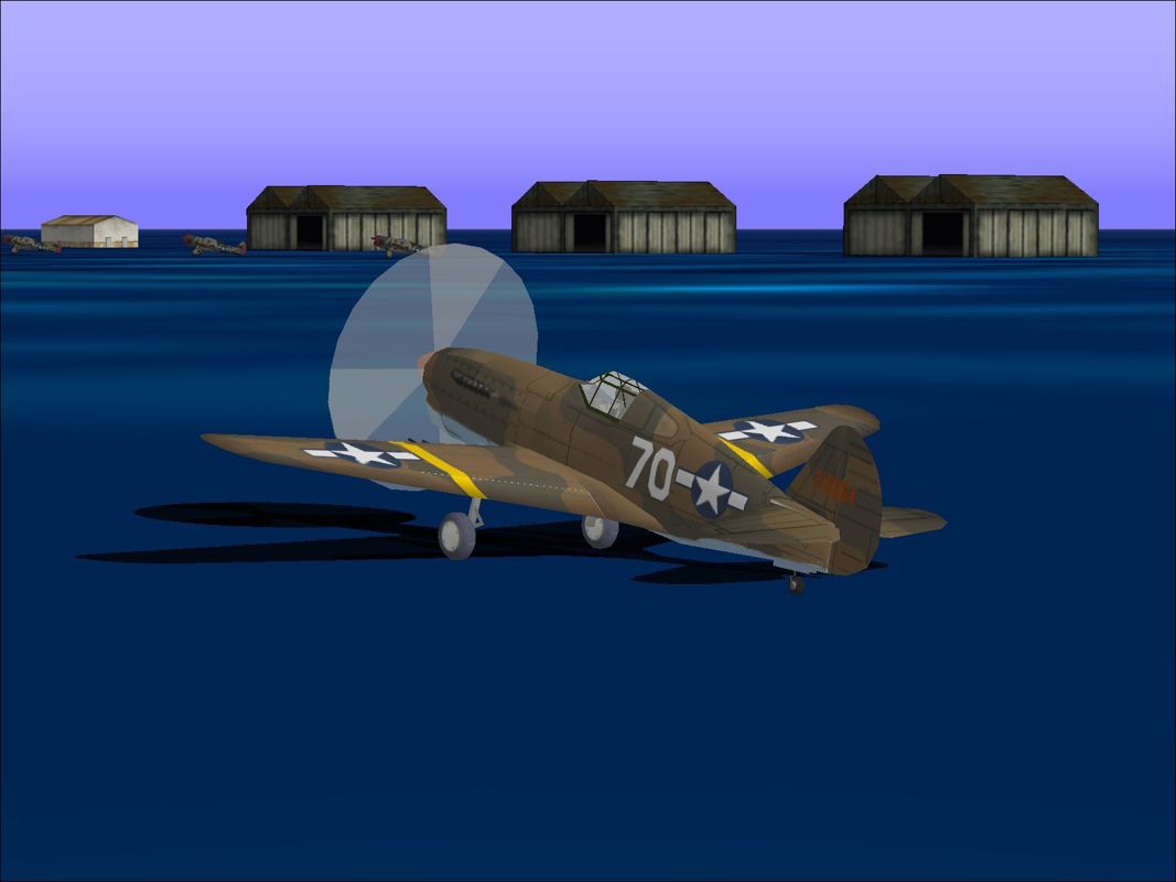 Tuskegee Fighters (Windows) screenshot: On the ground at the start of a mission. For some reason the flight simulator seems to have used the sea to colour the ground. Most missions start by taxiing down the runway