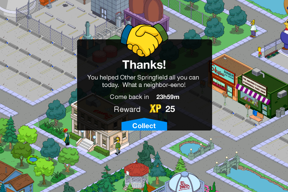 The Simpsons: Tapped Out (iPhone) screenshot: Reward for "helping" your neighour