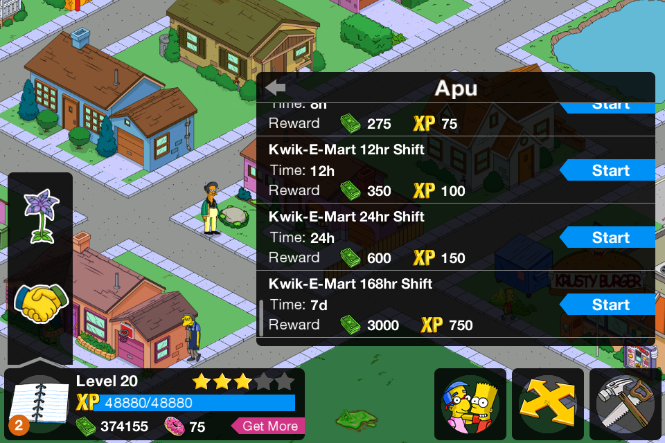 The Simpsons: Tapped Out (iPhone) screenshot: Apu's options