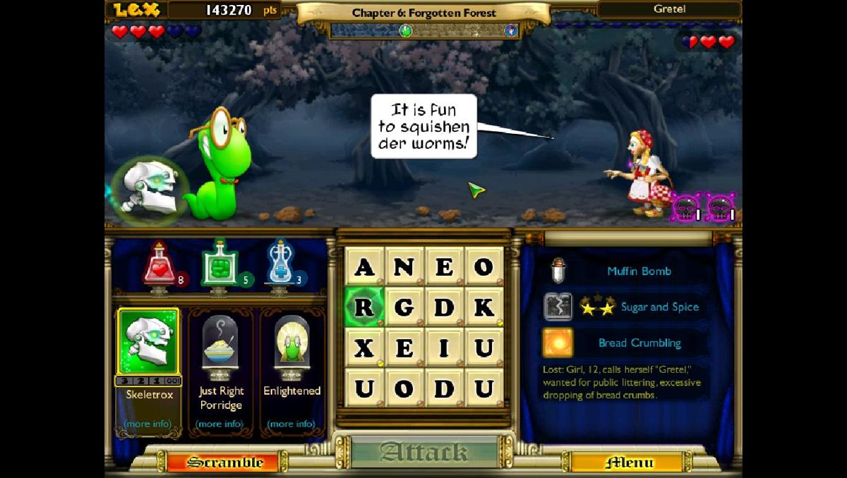 Bookworm Adventures Volume 2 (Windows) screenshot: It's here for the spelling conquest - Lex vs. Gretel.