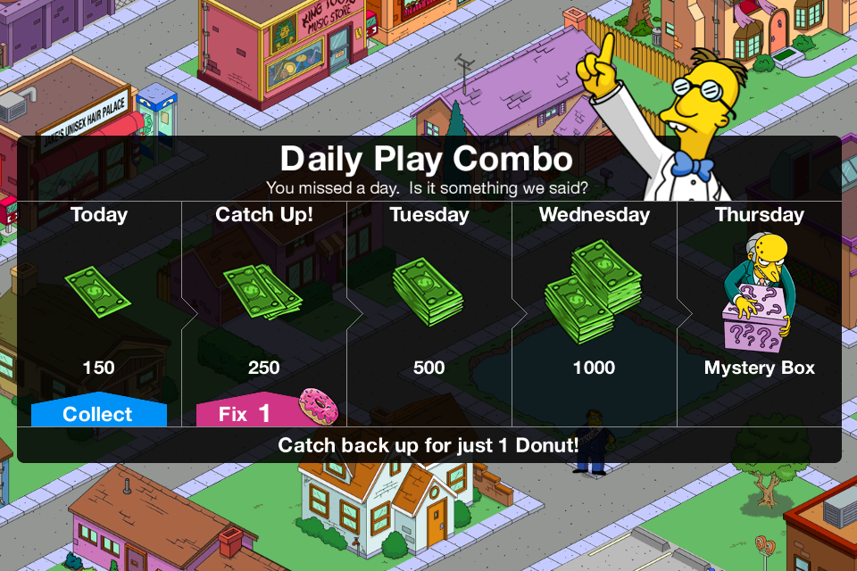 The Simpsons: Tapped Out (iPhone) screenshot: If you visit Springfield daily, you can earn some cash