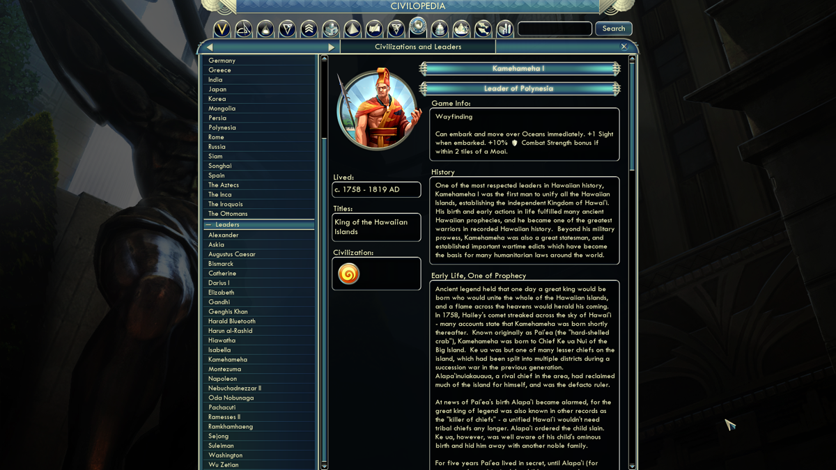 Sid Meier's Civilization V: Civilization and Scenario Pack - Polynesia (Windows) screenshot: The Civilopedia entry for Kamehameha, Leader of Polynesia