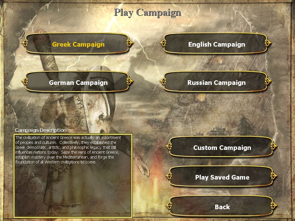 Empire Earth (Windows) screenshot: Campaign menu: 4 to choose from (+ tutorial)