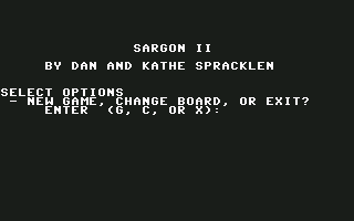 Sargon II (Commodore 64) screenshot: Select new game, change the board or exit.
