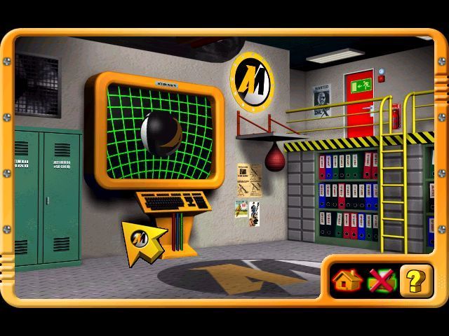 Action Man: Raid on Island X (Windows) screenshot: The base is the game menu. Hot spots open up to allow the player access to different options. The red door exits the game and the lockers allow the player to dress Action Man