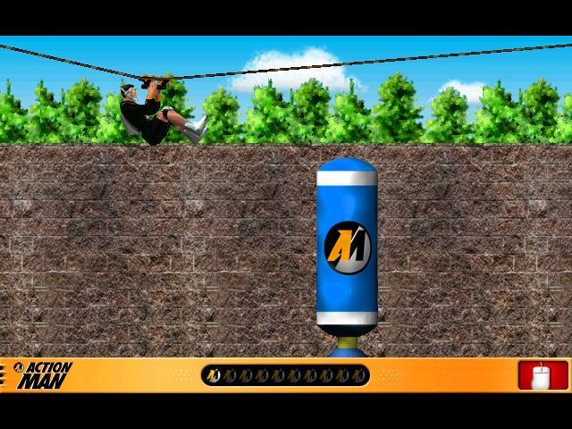 Action Man: Raid on Island X (Windows) screenshot: One training mission is the zip line where the player has to lift Action Man's legs over obstacles as he slides along.