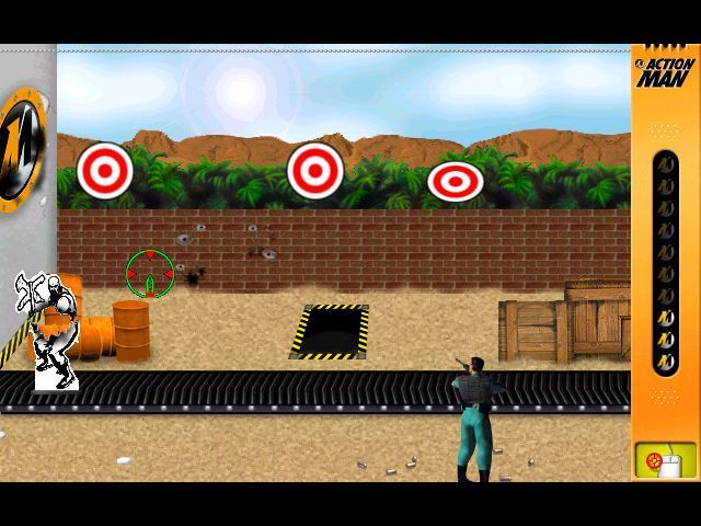 Action Man: Raid on Island X (Windows) screenshot: The target range. Targets get a satisfyingly large hole in them when shot.