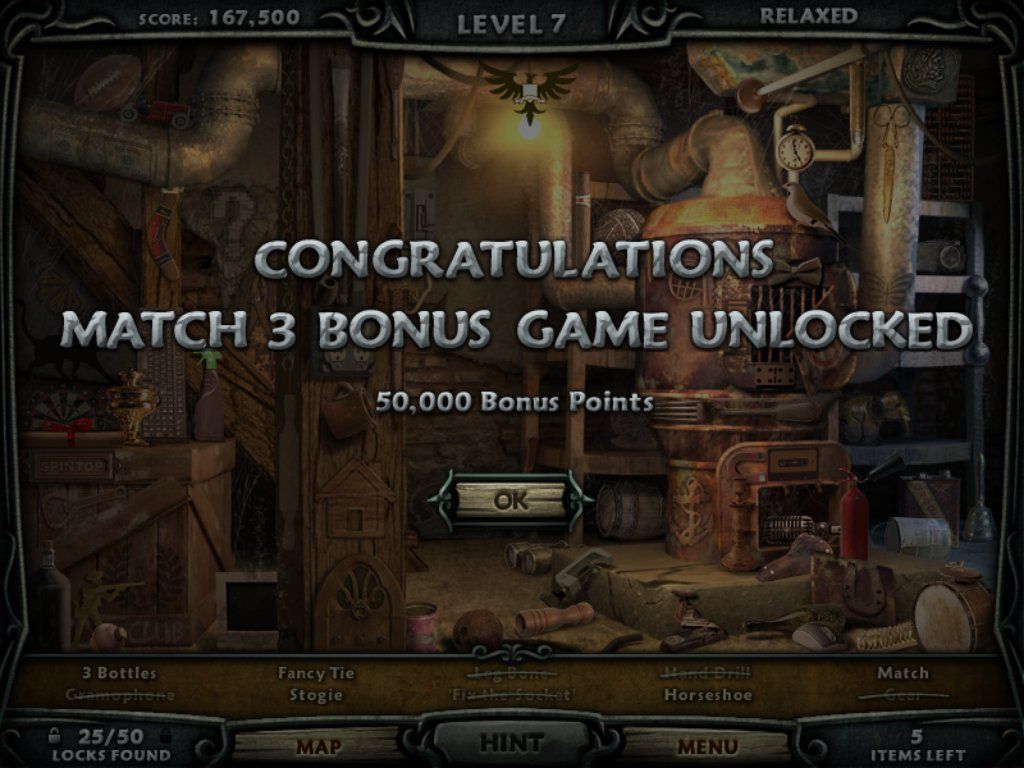 Escape Rosecliff Island (iPad) screenshot: Mechanical Room - objects Bonus game unlocked