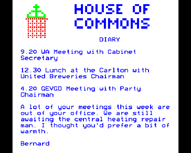 Yes Prime Minister: The Computer Game (BBC Micro) screenshot: Diary.