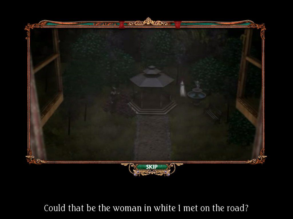 Victorian Mysteries: Woman in White (iPad) screenshot: Cutscene the woman in white down by the Gazebo