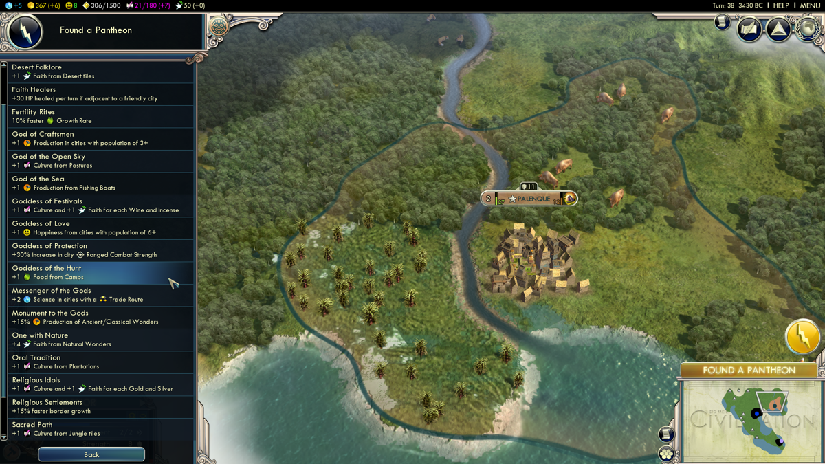 Sid Meier's Civilization V: Gods and Kings (Windows) screenshot: Choosing a Pantheon belief.