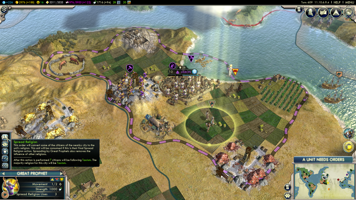 Sid Meier's Civilization V: Gods and Kings (Windows) screenshot: A great prophet is spreading our religion to a foreign city.