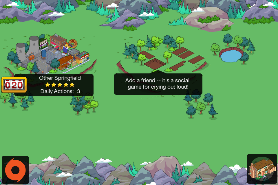 The Simpsons: Tapped Out (iPhone) screenshot: Social screen, with other versions of Springfield