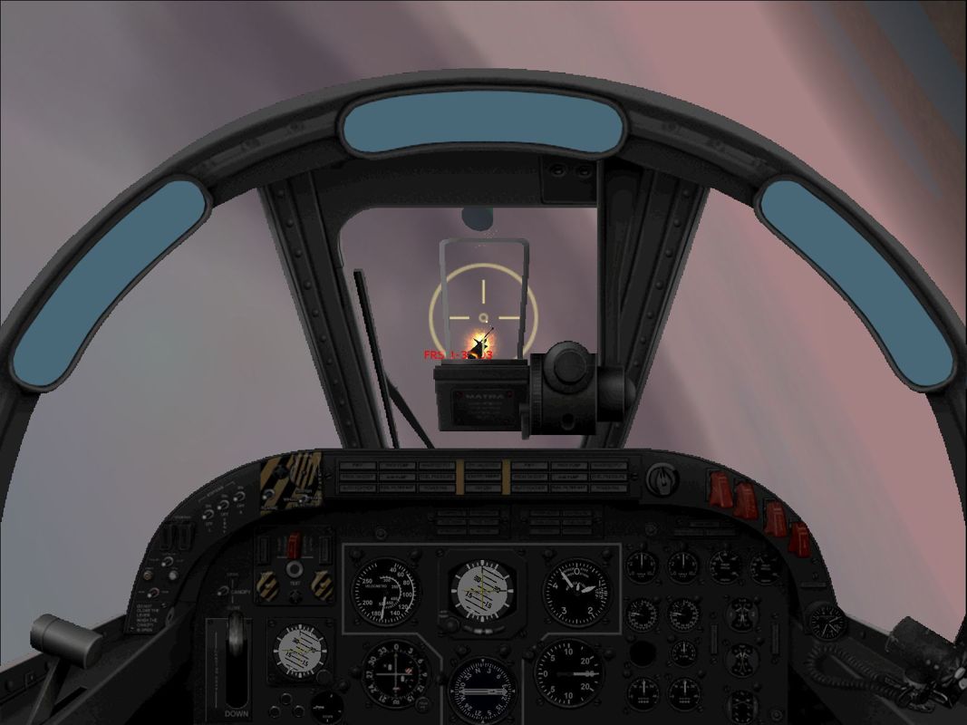 Harrier Jump Jet (Windows) screenshot: The cockpit of the Argentine Air Force Pucará as it downs a Harrier.