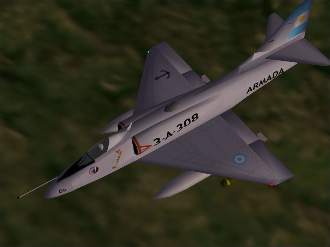Harrier Jump Jet (Windows) screenshot: The Argentine Navy A-4Q Skyhawk loaded for ground attack. It shares the same cockpit layout as the A-4P version