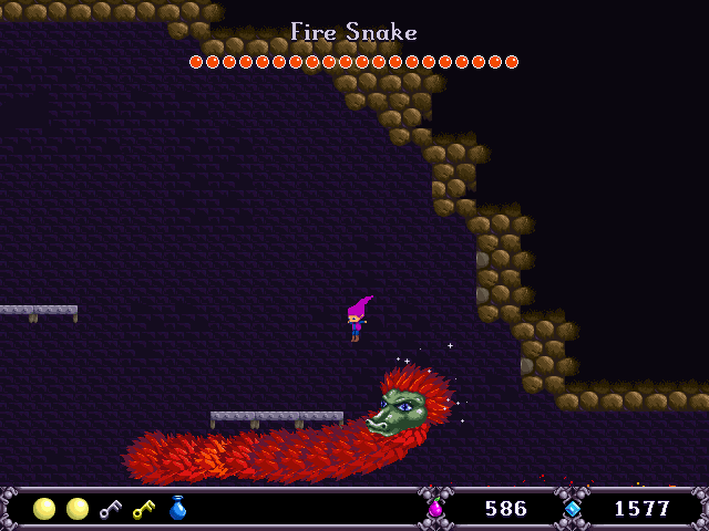 Jasper's Journeys (Windows) screenshot: One of the game's multiple bosses, the Fire Snake is quite fearsome - unless you're packing a flying potion.