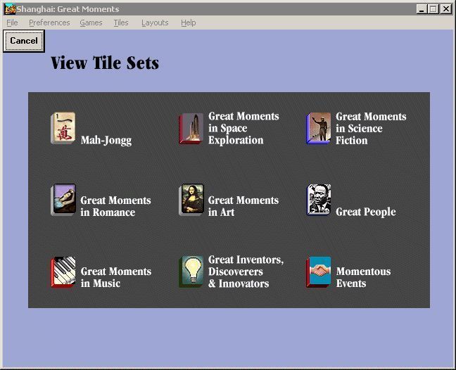 Shanghai: Great Moments (Windows) screenshot: These are the available tile sets. Not only can the player select a tile set from this screen they cam also preview what the tiles look like. There's a similar screen for layouts