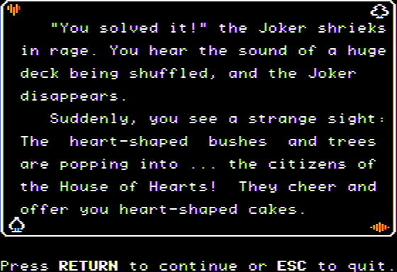 Microzine #19 (Apple II) screenshot: Malice in Wonderland - I Rescue all the Hearts