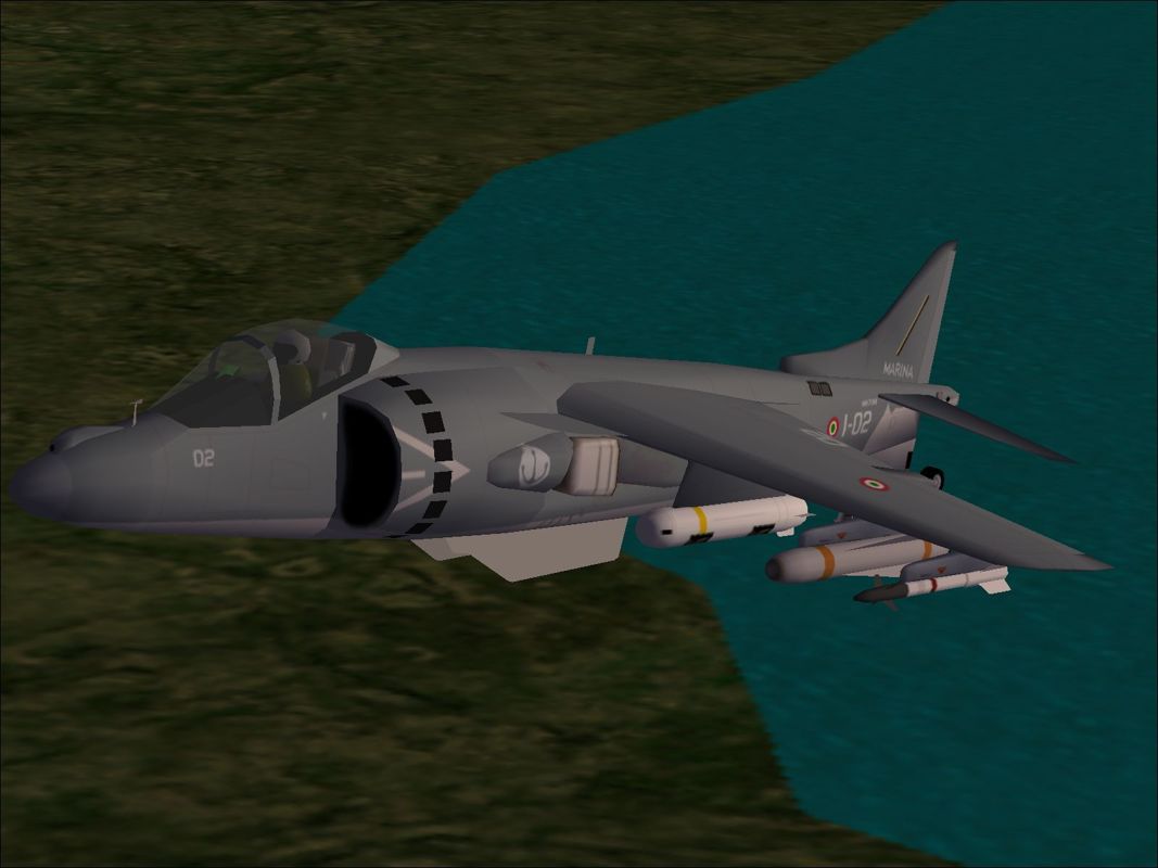 Harrier Jump Jet (Windows) screenshot: An Italian Navy AV-8B Harrier loaded for ground attack