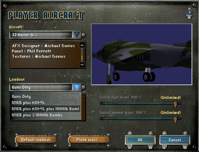 Harrier Jump Jet (Windows) screenshot: The Royal Air Force Harrier GR.31 load-out options. All aircraft that can carry weapons can be configured on this screen.