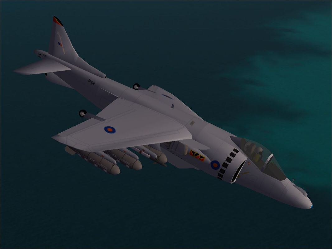 Harrier Jump Jet (Windows) screenshot: The Royal Air Force Harrier GR.7 loaded for ground attack