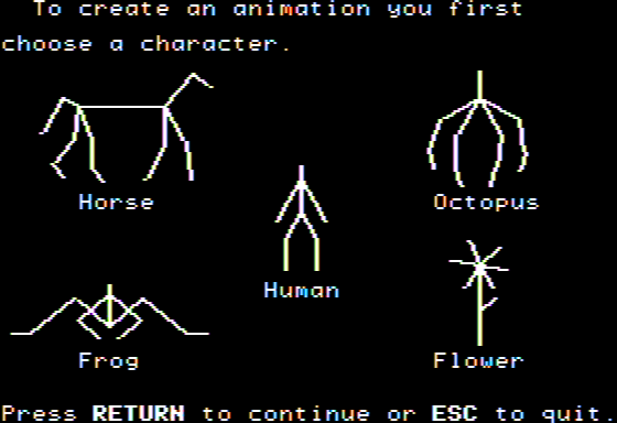 Microzine #19 (Apple II) screenshot: Animation Lab - Available Creatures