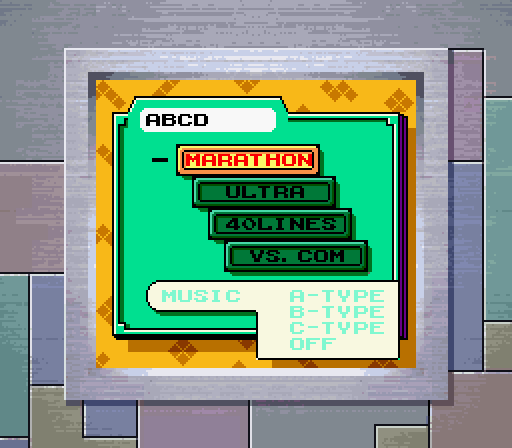 Tetris DX (Game Boy Color) screenshot: Gameplay selection menu