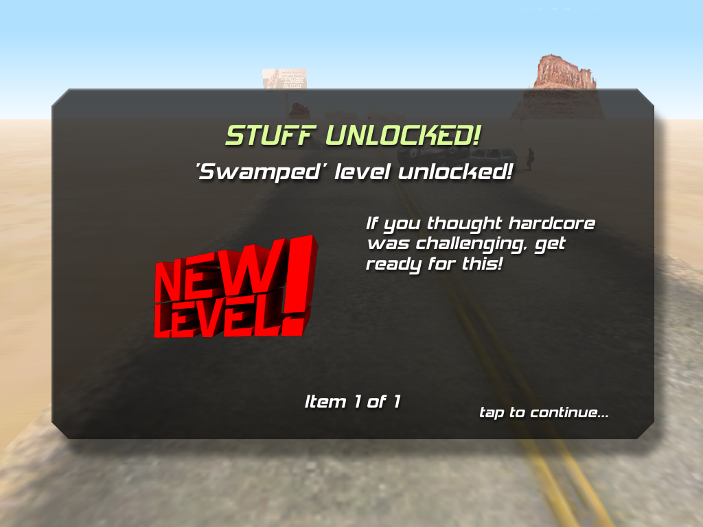 Zombie Highway (iPad) screenshot: Stuff unlocked