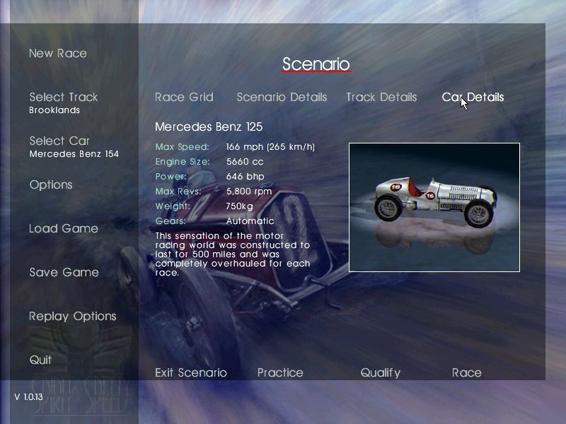 Spirit of Speed 1937 (Windows) screenshot: Checking the details of the assigned car within an easy level scenario