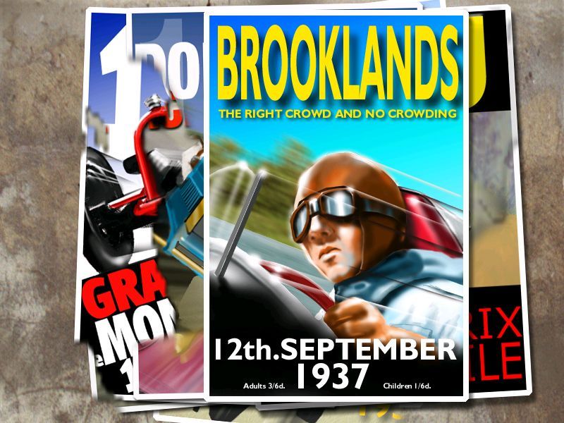 Spirit of Speed 1937 (Windows) screenshot: Here another scenario at Brooklands race track has been selected and the new poster is 'pasted' over the poster for the last scenario attempted.