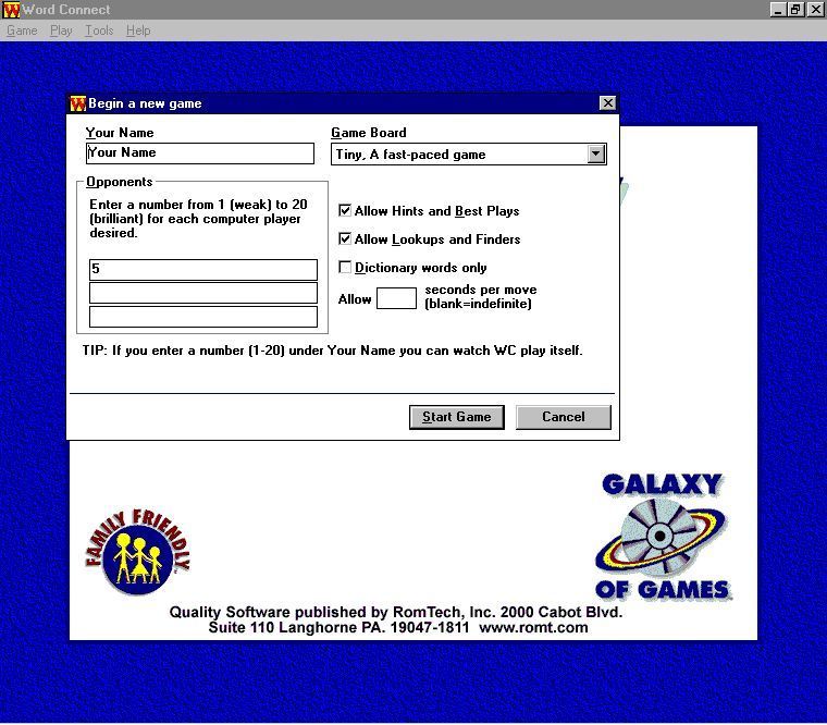 Word Connect (Windows) screenshot: Registering a name is not necessary in order to play but it is useful if there is more than one person using the computer