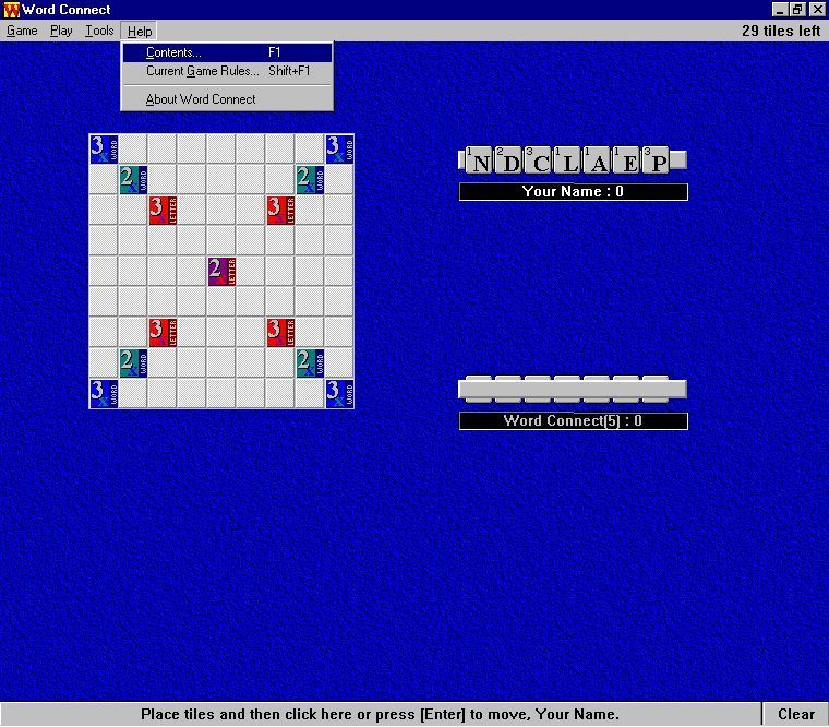 Word Connect (Windows) screenshot: The start of a small game, bigger boards are available. The computer has dealt the letters and it is the player to go first