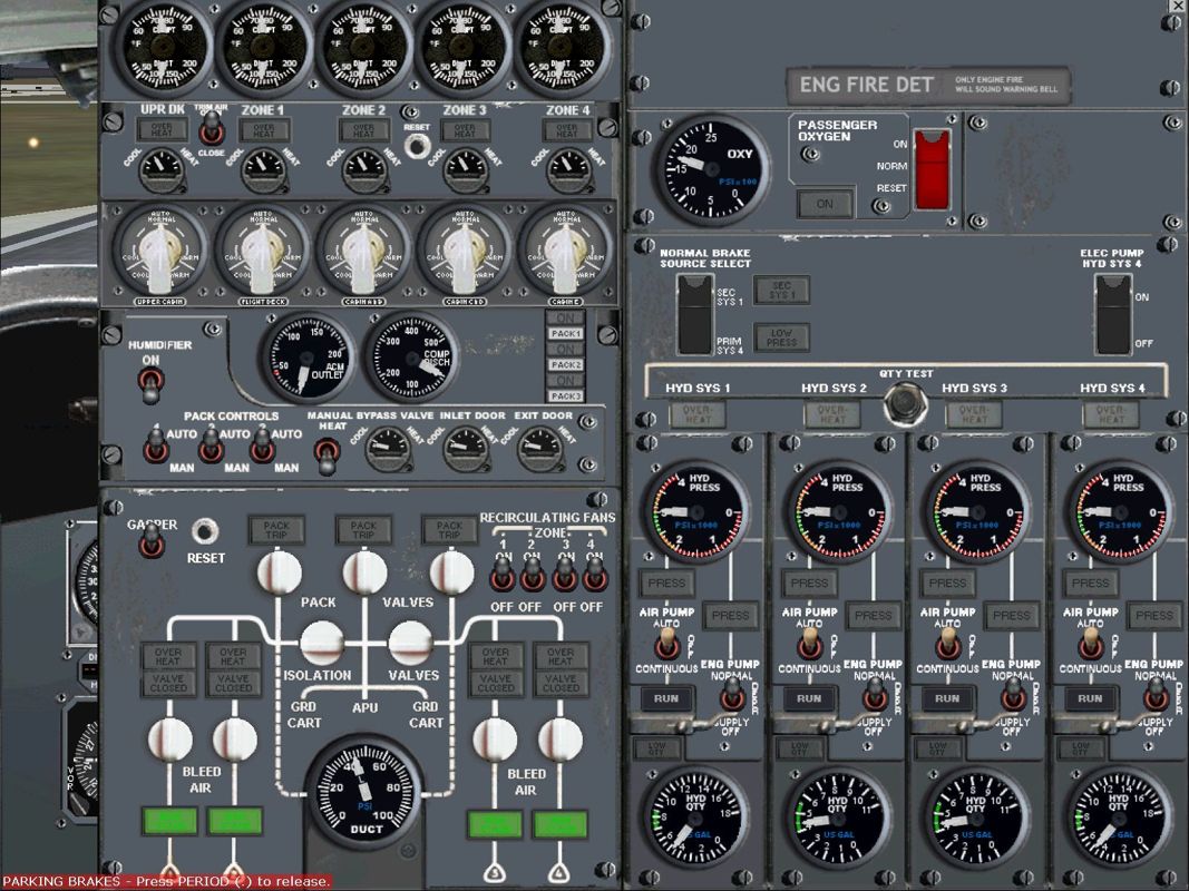 747-200 Ready for Pushback (Windows) screenshot: Panel 9: The Secondary panel, it deals with the air conditioning and aircraft pressurization