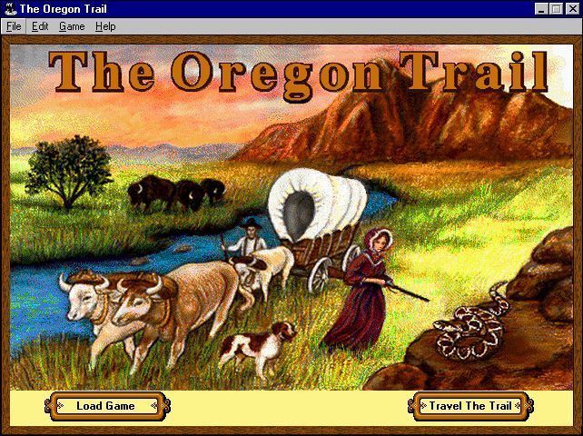 The Oregon Trail (Windows) screenshot: The game's title screen. The game runs in a window with many options such as save, load & help being available via the menu bar.