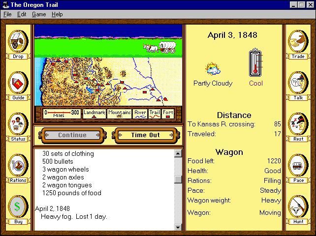 The Oregon Trail (Windows) screenshot: The main game screen. The top window shows the oxen pulling the wagon across the plains. At night there's an animation of a campfire. The journal builds up as the 'days' pass.