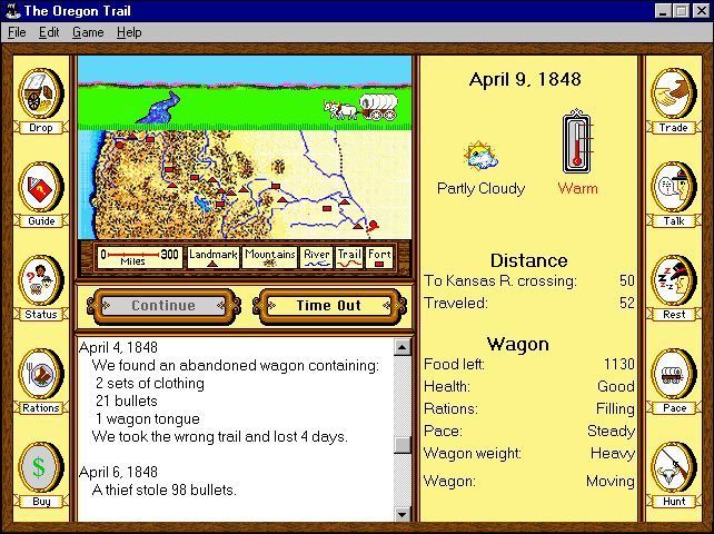 The Oregon Trail (Windows) screenshot: This is the game screen after the bullet stealing incident, note the journal has been updated.