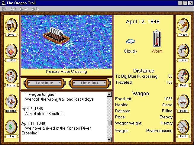 The Oregon Trail (Windows) screenshot: Each river crossing comes with an animation.