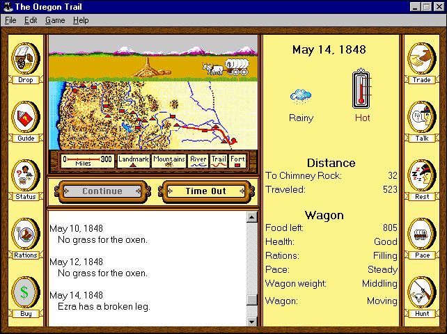 The Oregon Trail (Windows) screenshot: Past the first fort and the going gets tough. The land here is barren and every day there's a picture of starving oxen. On top of that Ezra has broken a leg.