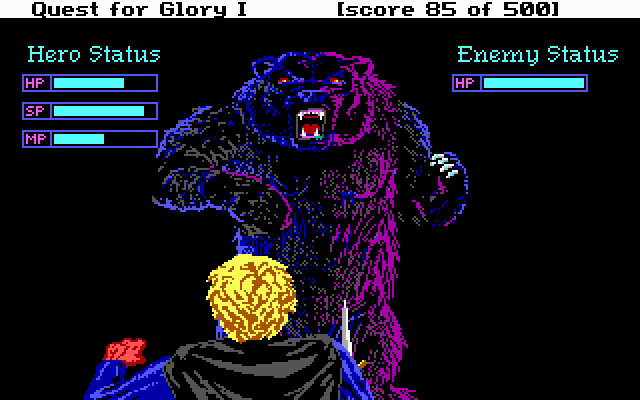 Hero's Quest: So You Want to Be a Hero (DOS) screenshot: Fighting a bear