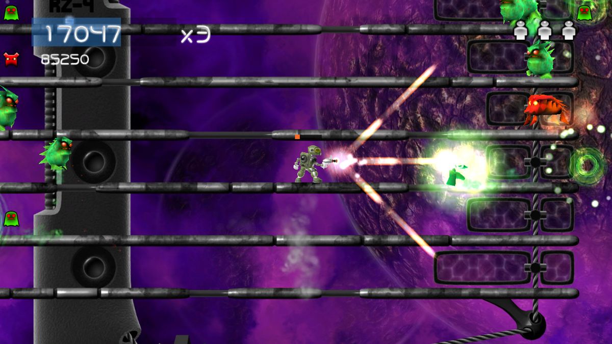 Alien Zombie Megadeath (Windows) screenshot: Using the three-shot power-up.