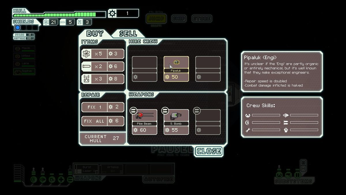 FTL: Faster Than Light (Windows) screenshot: Weapons, remote drones, special equipment and ship systems, supplies, fuel and even crew can be offered by a trader.