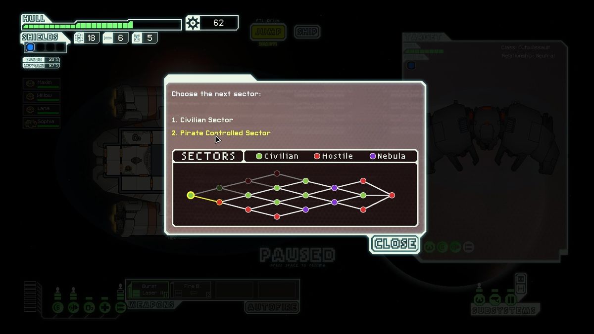 FTL: Faster Than Light (Windows) screenshot: Multiple paths between sectors are available. The more dangerous sectors are also more rewarding.