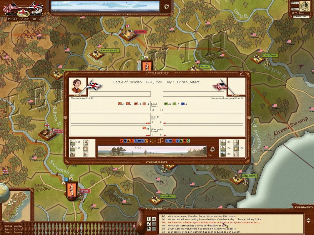 Birth of America (Windows) screenshot: The message board in the lower right keeps the player informed of progress. Double clicking on a red message, here a British defeat at Camden, brings up more information.
