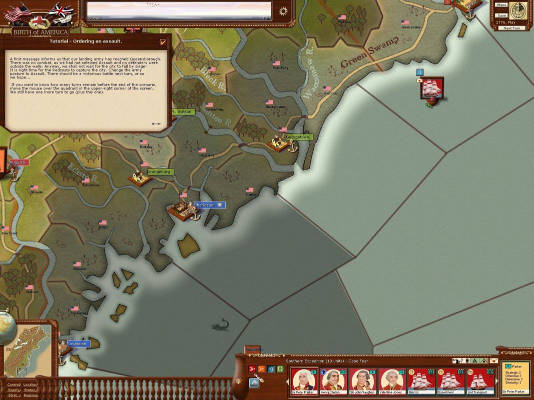 Birth of America (Windows) screenshot: This is not just a game with land battles, there are naval units too. This is a British landing force just off shore.