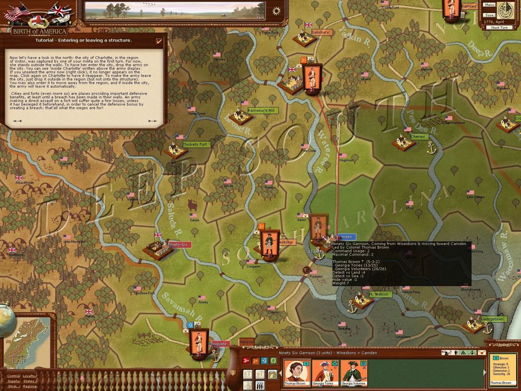 Birth of America (Windows) screenshot: Camden is a major garrison, bigger than the British expected. Here the stats show an attack is being mounted by a much weaker force.