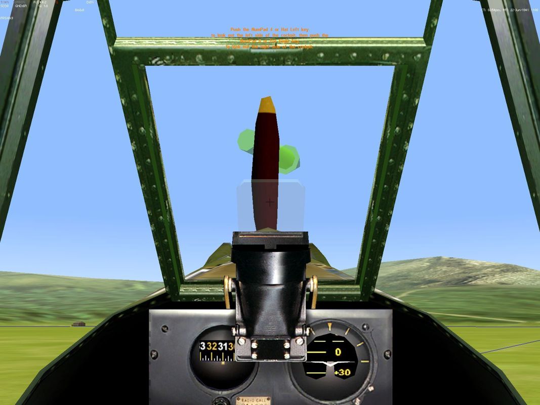Fighter Ace 3.5 (Windows) screenshot: This is the cockpit view of the P-40C Tomahawk which is used for the basic take-off & landing training. Instructions are received via the HUD as well as through the speakers / headphones.