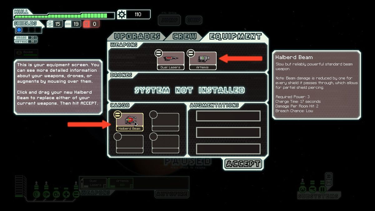 FTL: Faster Than Light (Windows) screenshot: The tutorial also covers the ways ship systems are upgraded and how various weapons and equipment can be arranged.